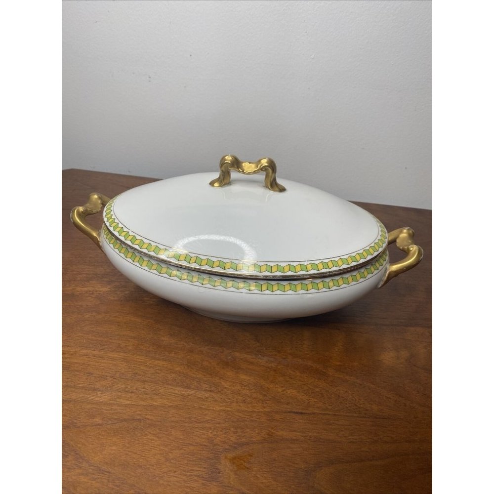 Vintage L. Bernardaud & Co Covered Vegetable Serving Dish Green Gold Pattern